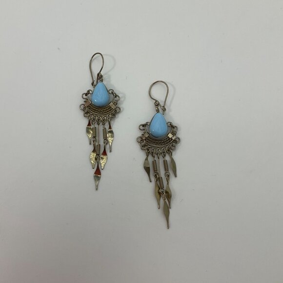 New VTG Tribal Artisan Handmade Dangle Drop Earrings Blue Opal 2"Metal Wire Art - Picture 4 of 7